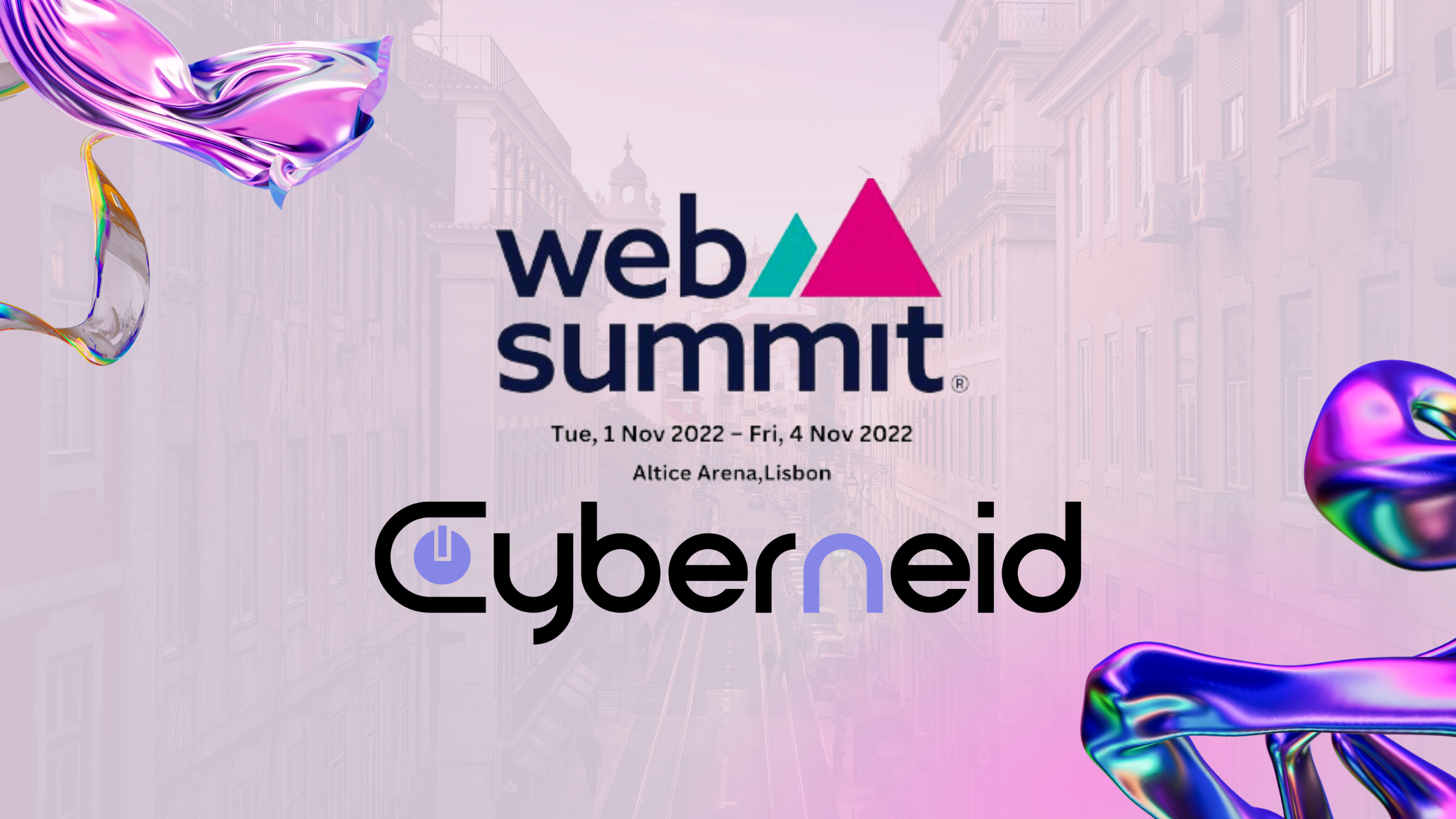Copertina articolo sui toni del rosa con elementi decorativi in 3D nell'angolo superiore sinistro e inferiore destro. Al centro: Web Summit 01-04 Novembre, Cyberneid.